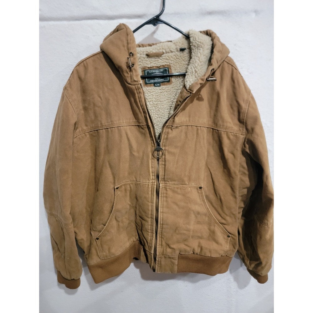 G.H. Bass & Co. Men XL Canvas Work Jacket Sherpa Lined Hooded‎ Tan Cotton Bomber